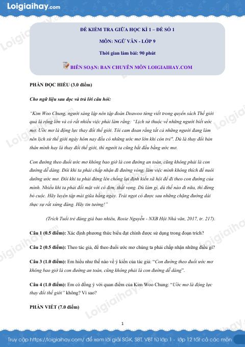Đề thi giữa kì 1 Văn 9 - Đề số 1